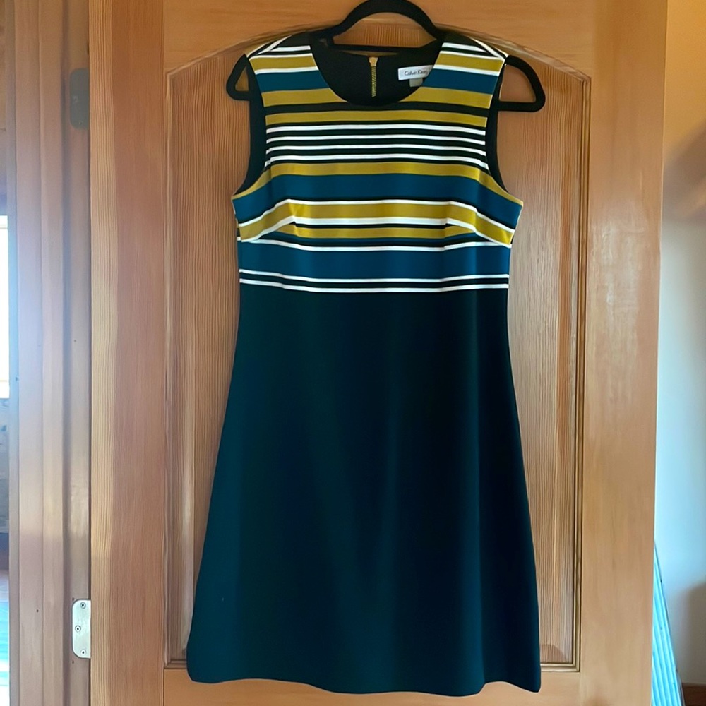 Calvin Klein Black striped dress, yellow and blue accent colors, worn once